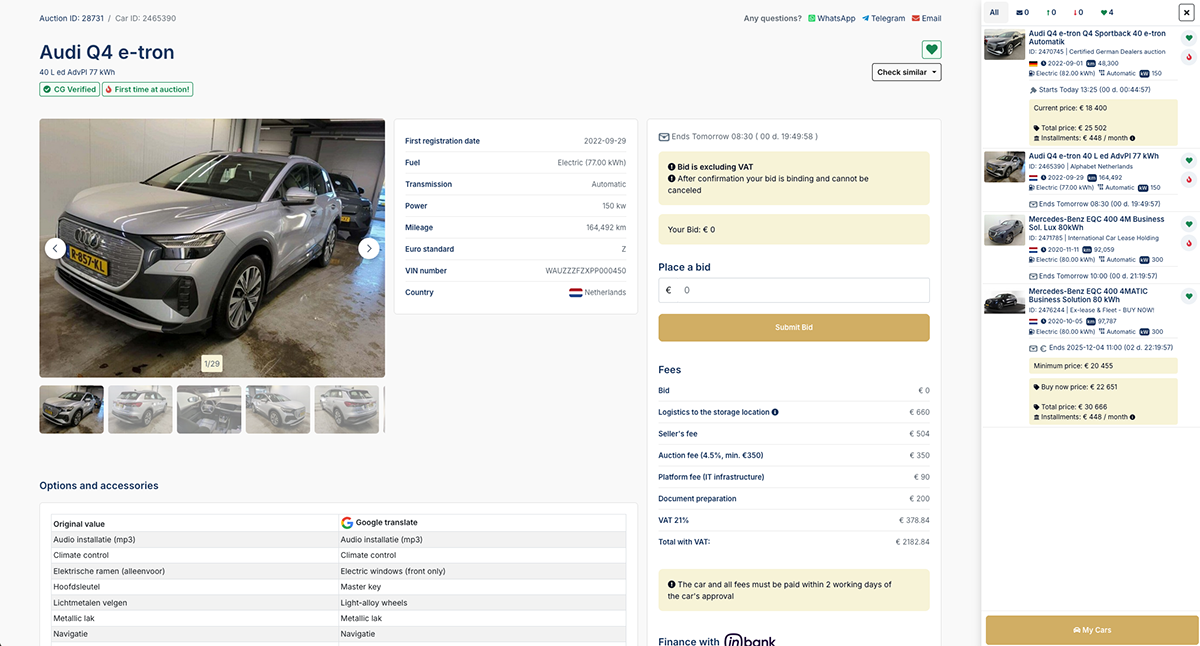 CarGenius front-end – lot detail & bidding